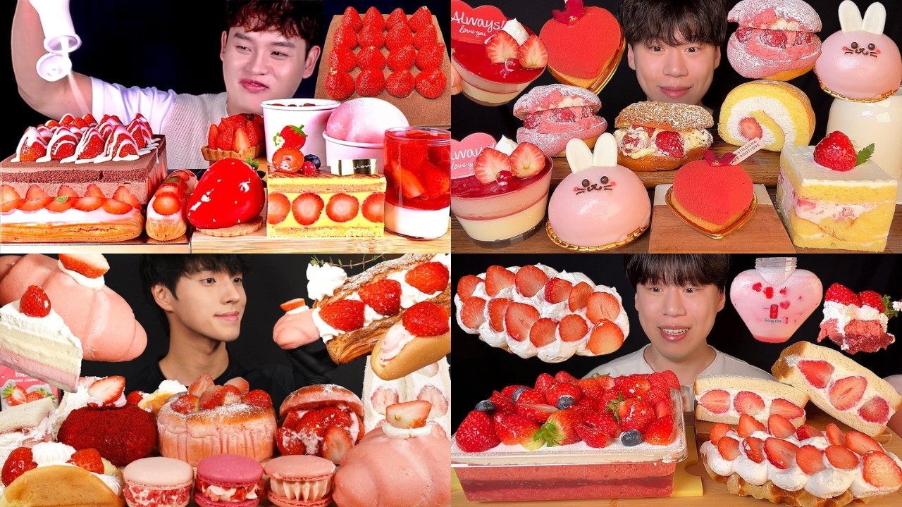 STRAWBERRY PINK DESSERT MUKBANG 🍓 | SWEET CHOCOLATE & ICE CREAM ASMR