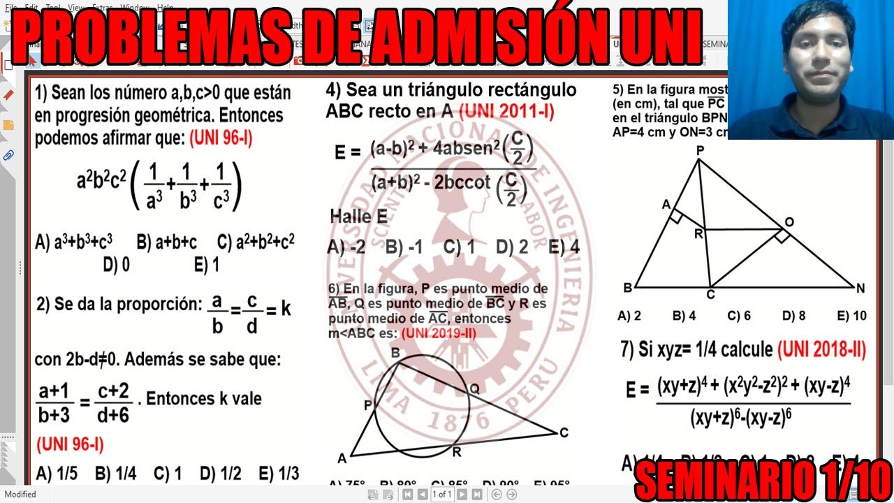 SEMINARIO UNI FULL PROBLEMAS RESUELTOS DE EXAMENES DE ADMISION PARTE 1 NIVEL (BASICO I)
