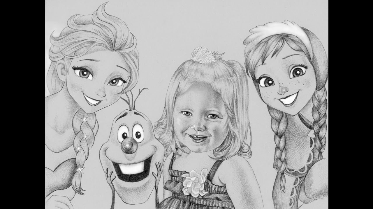 Frozen : speed drawing ( Elsa, Anna, Snowman and a little girl)