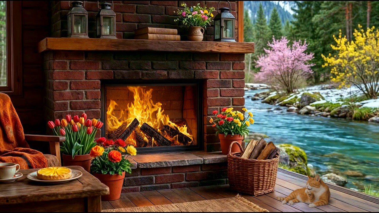 🌿 The First Warm Fireplace after Winter 24/7🔥 Riverside Spring Ambience