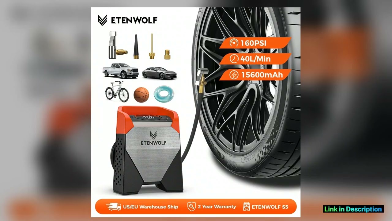 ETENWOLF ZEPHYR S5 Portable Tire Inflator HeavyDuty Car compressor 160PSI 15600mAh for Pickups Car
