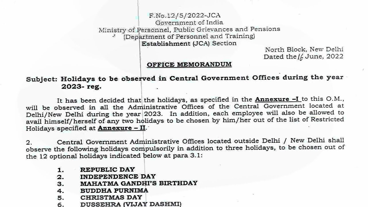 Central Government Holiday list 2023 | Office Holiday 2023 | Public Holidays 2023 | Calendar 2023