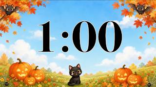 1 Minute Timer 🎃 Cute Fall Halloween Cat & Pumpkins | Happy October Music for Classroom Focus
