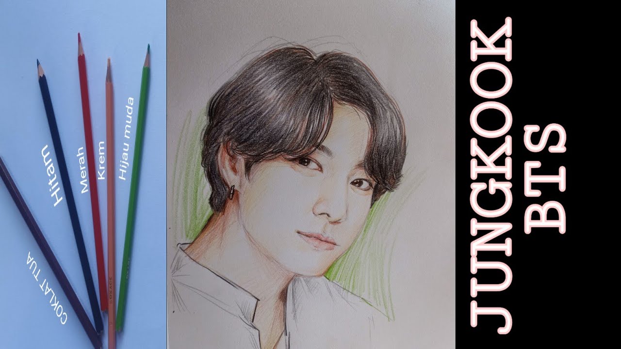 Membuat lukisan  sketsa Jungkook  dengan pensil warna teknik 