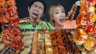 SUB) ASMR MUKBANG 치즈줄줄 매콤파닭꼬치부터 삼겹살꼬치까지! JMT만 모아 꼬치15종 먹방! Delicious grilled skewers REAL SOUND