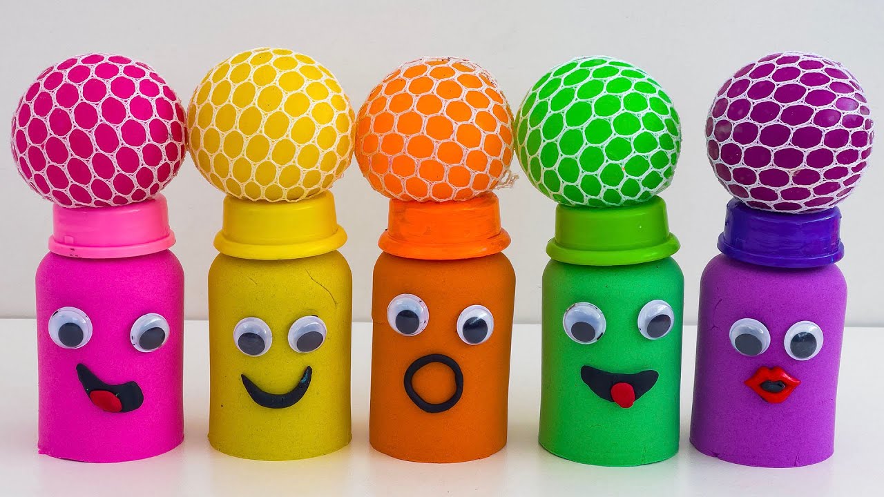 Match Rainbow Colors Squishy  Balls with Kinetic Sand  Milk Bottles Smiley Face   video for kids