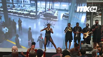 Wiyaala delivers electrifying performance of Osibisa's 'Woyaya' at Rana Motors assembling plant.