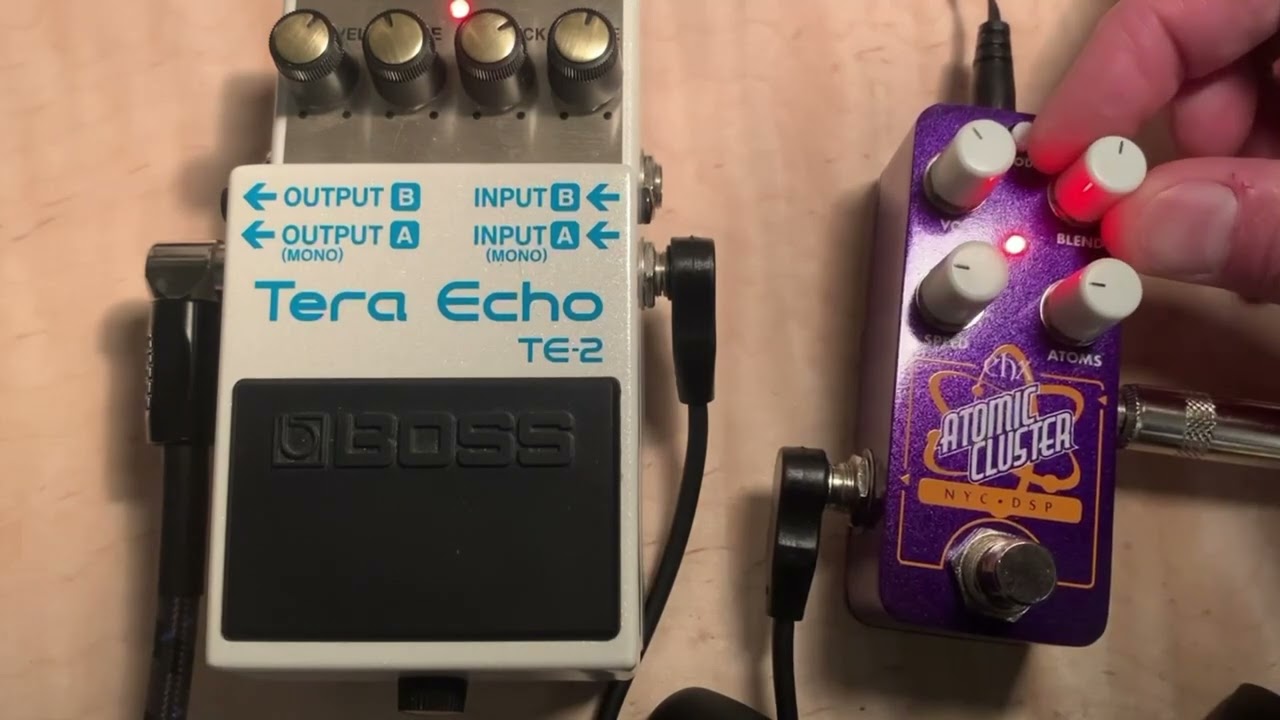 My two strangest pedals.  EXH Atomic Cluster and Boss Tera Echo.  Focus is on the Atomic Cluster.