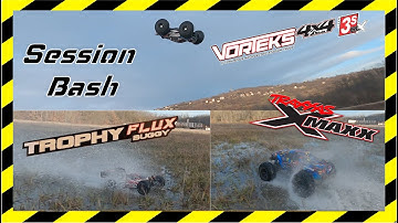 Arrma Vortex 3s Blx vs Traxxas X-maxx 8s vs HPI Trophy Flux 4s, extreme Bash session ( DRRC Stunt )