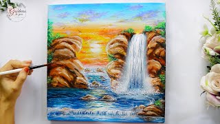 Step by Step Sunset near a Waterfall Painting / Painting for beginners using Acrylics