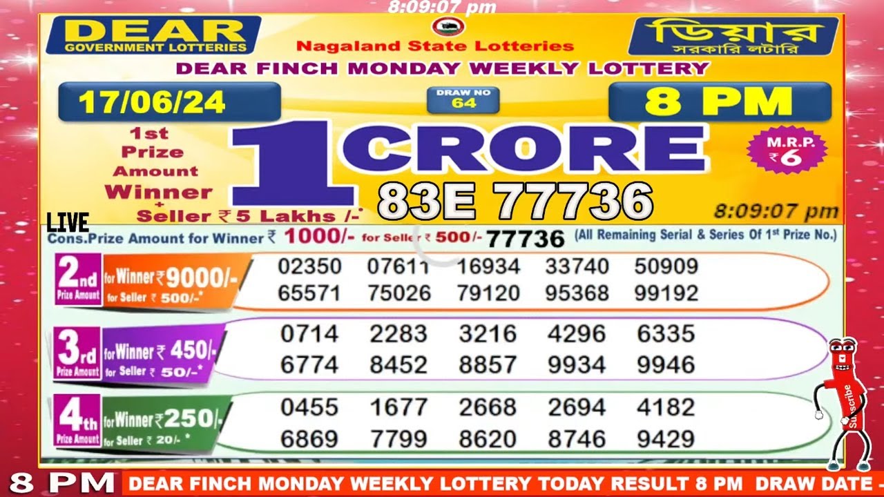 Weekly Draw Dear Finch Monday Weekly Lottery 8:00 PM Draw Date 17.06.2024 - YouTube