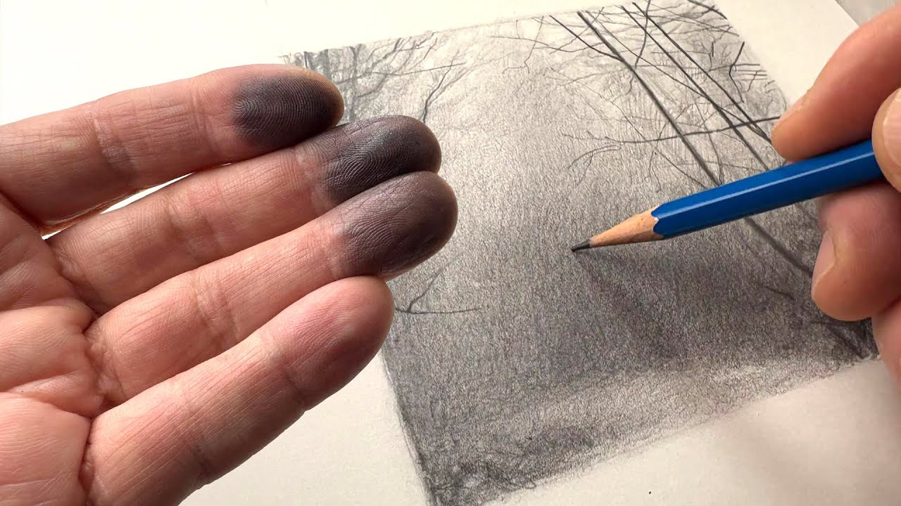 Disegnare la nebbia a matita. Sentiero nel bosco sfumato, passo dopo passo