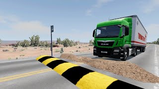 Double Flatbed Trailer Truck vs Speedbumps Train vs Cars Beamng Drive