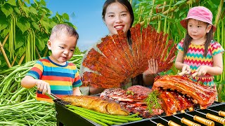 Harvesting Beans to sell at the market & Grilling BBQ Pork Ribs with single mom and children