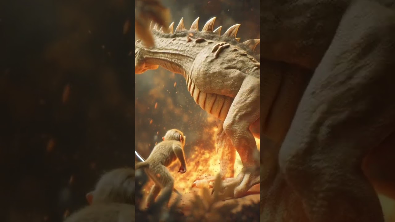 monkey with fight dinasourse 