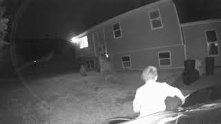 Family scares two kids with garbage cans and leaf blower (Security Camera)