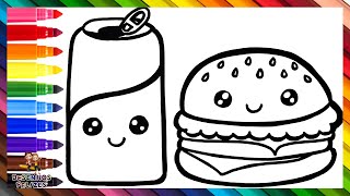 Desenhar e Colorir uma Lata de Coca Cola e um Hambúrguer 🍔🥤🌈 Desenhos para Crianças