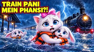 Trapped in a Flood! Rescue of Snowy Cat and the Rabbit Twins | Urdu Cartoon Story