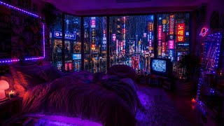 Rainy Night in Seoul 🇰🇷 Cozy Neon Hongdae View | Rain on Window for Sleep & Study