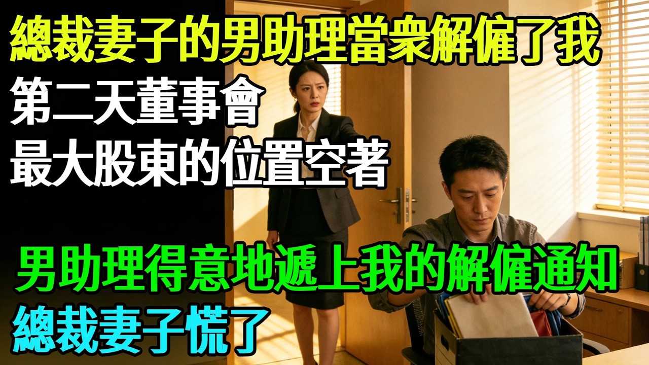 總裁妻子的男助理當衆解僱了我，我當天收拾東西離開，第二天董事會，妻子發現最大股東的位置空著，男助理得意地遞上了我的解僱通知，總裁妻子慌了#奇聞#故事#完結文