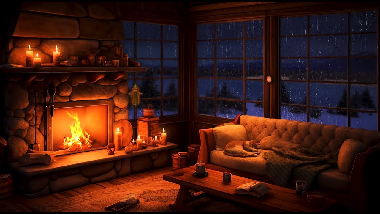 Rain & Fireplace - Cozy Cabin Ambience for relaxing and sleeping 🌧️