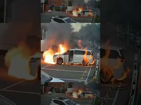 An electric car caught fire.