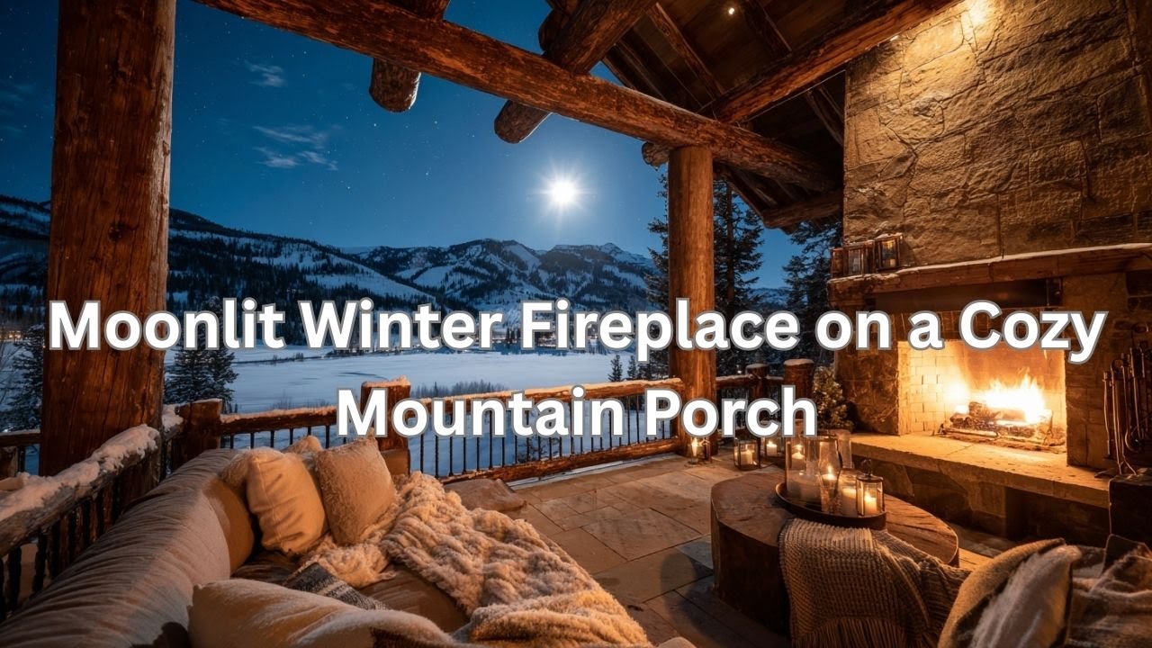 Moonlit Winter Fireplace on a Cozy Mountain Porch ❄️🔥 Relaxing Night Ambience