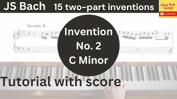 JS Bach: 2-Part Invention No.2 in C Minor BWV 773. Visual Piano Tutorial, Videoscore