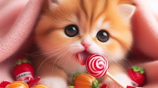 Mini cat is eating cotton candy || image of a cat eating cotton candy