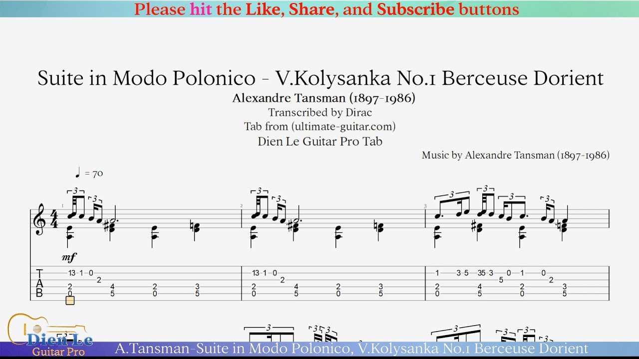 A.Tansman-Suite in Modo Polonico, V.Kolysanka No.1 Berceuse Dorient - for Classical Guitar with Tab