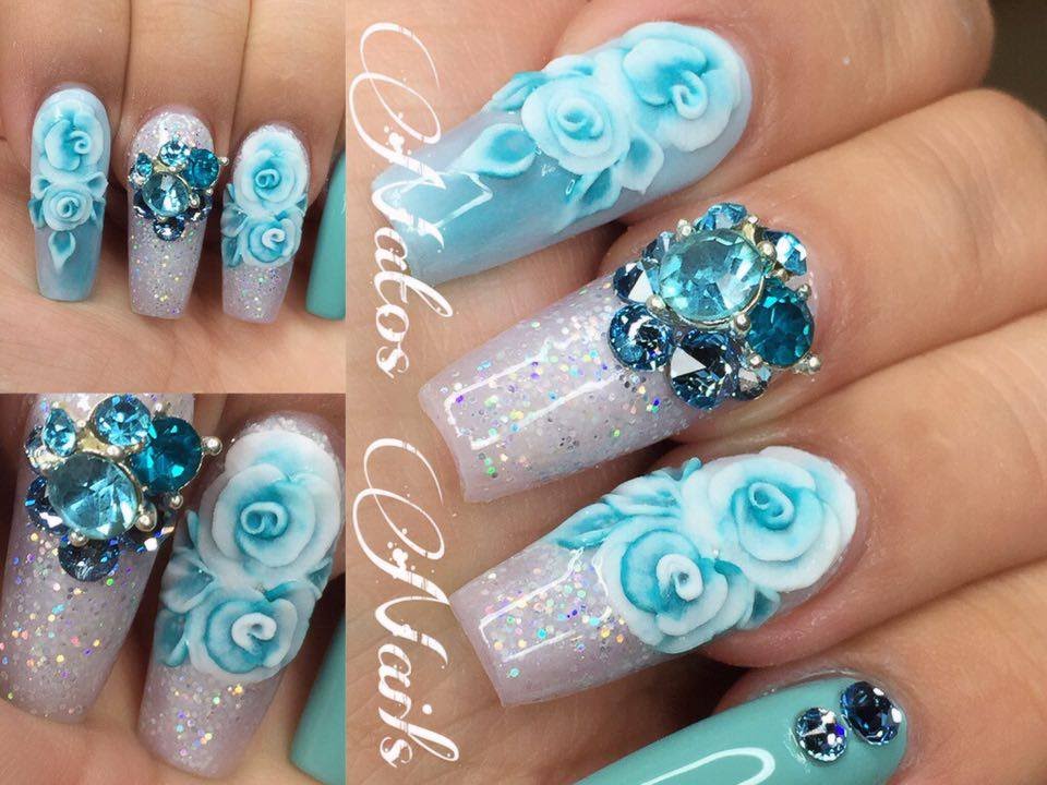 Uñas Acrilicas Aqua Con Rosa en 3D | Natos Nails - thptnganamst.edu.vn