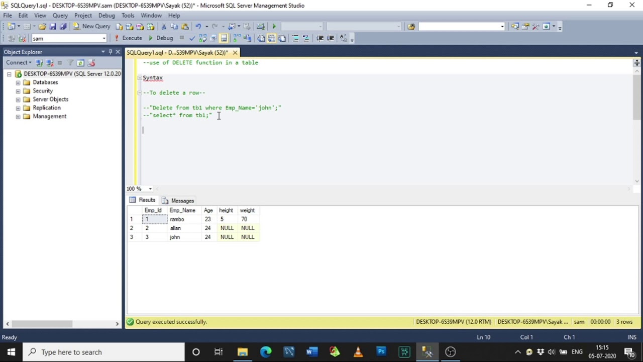 Use of DELETE Function of a ROW in SQL - YouTube
