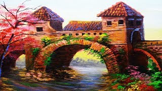 Acrylic Painting Lesson Classic Bridge & Watch Towers with Cherry Blossom | TUTORIAL FOR BEGINNERS