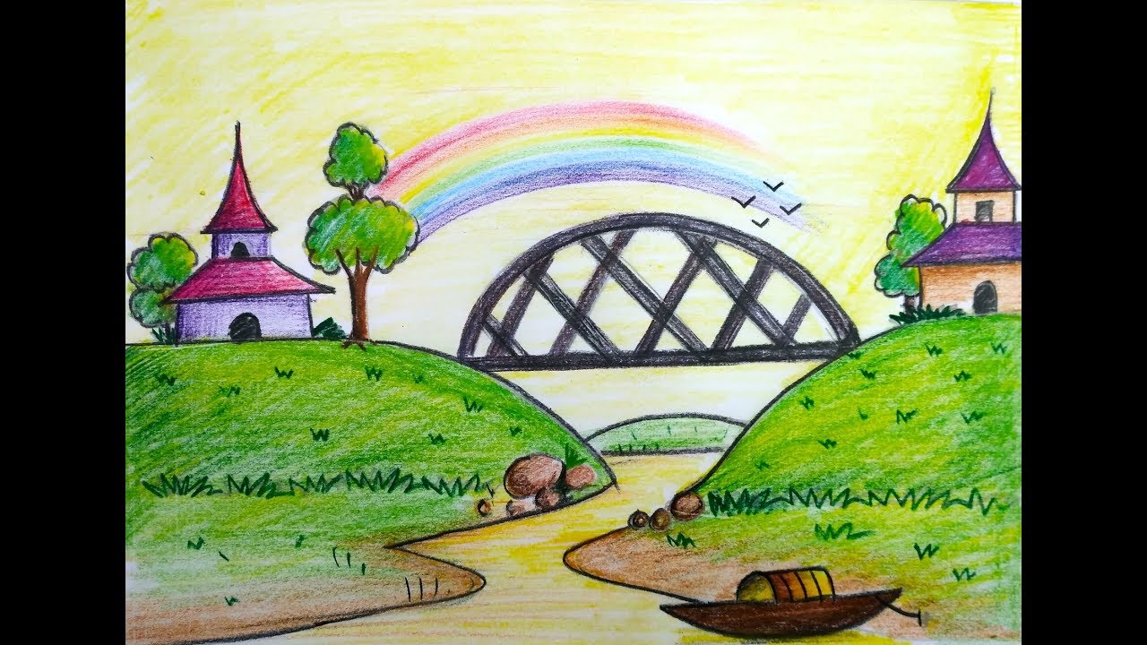 how to draw colorful scenery with rainbow for kids ...