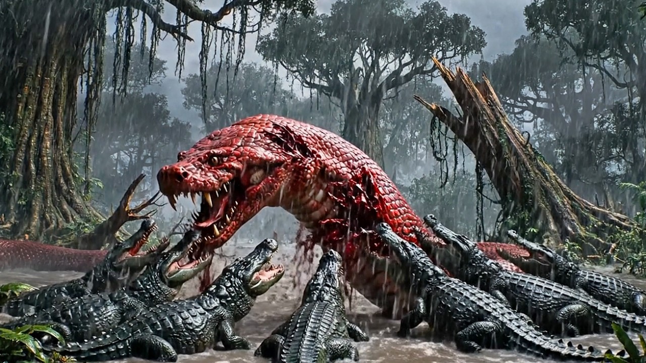 A Mutual Revenge Battle Between an Ancient Jungle Anaconda and an Ancient Lake Crocodile