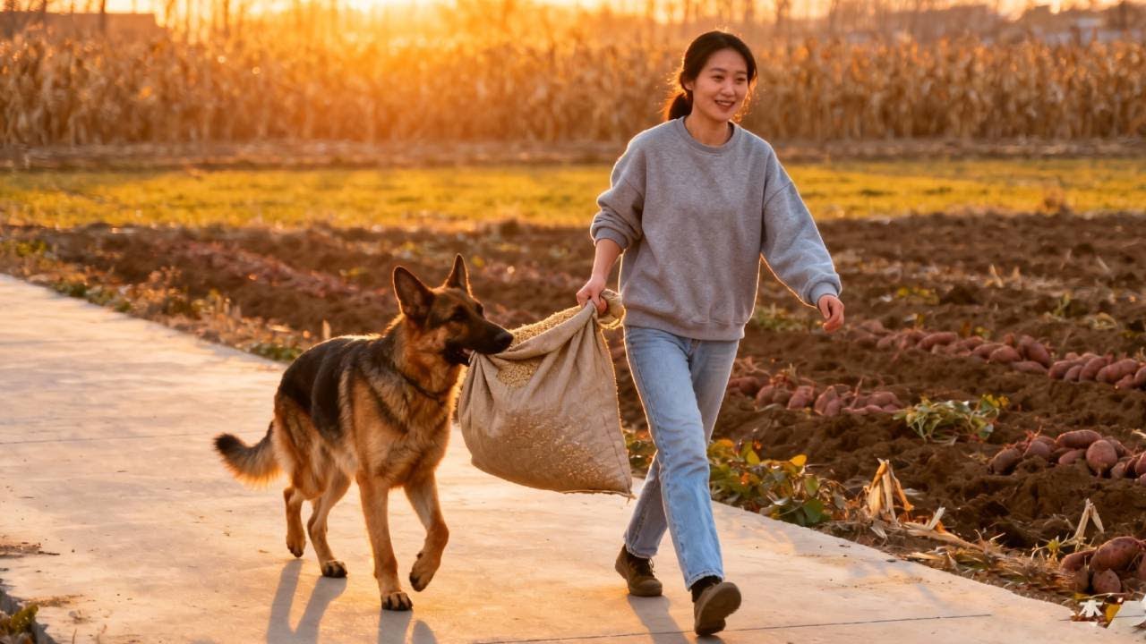 A Chinese Girl, With Her Intelligent Dog, Carries Bags Of Grain To Make A Living.