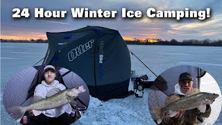 24 Hour Ice Camping Challenge-Catching BIG WALLEYES! Catch n Cook!