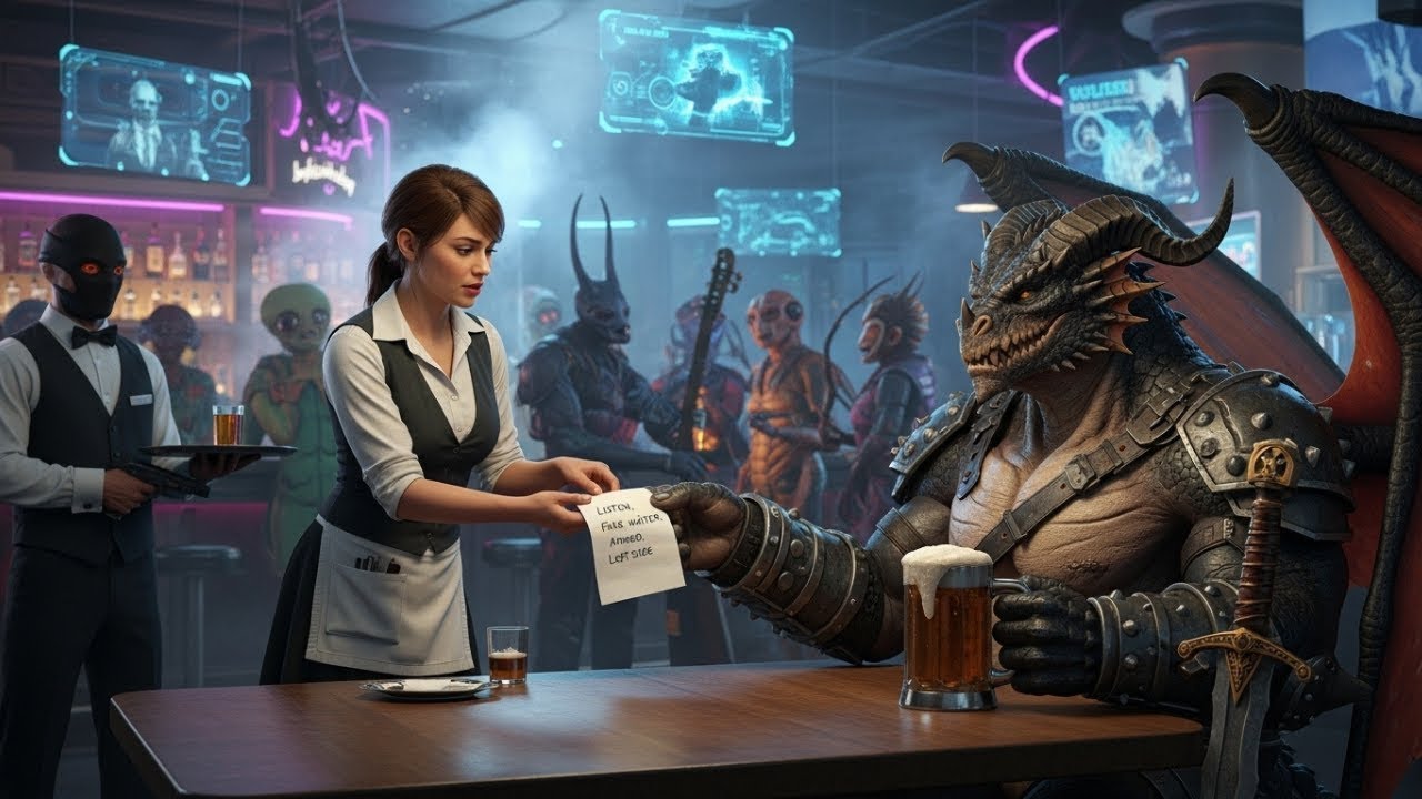 MENSCHLICHE KELLNERIN WARNT DRACHENBOSS MIT EINER SERVIETTE – FALSCHER KELLNER, BEWAFFNET, LINKS