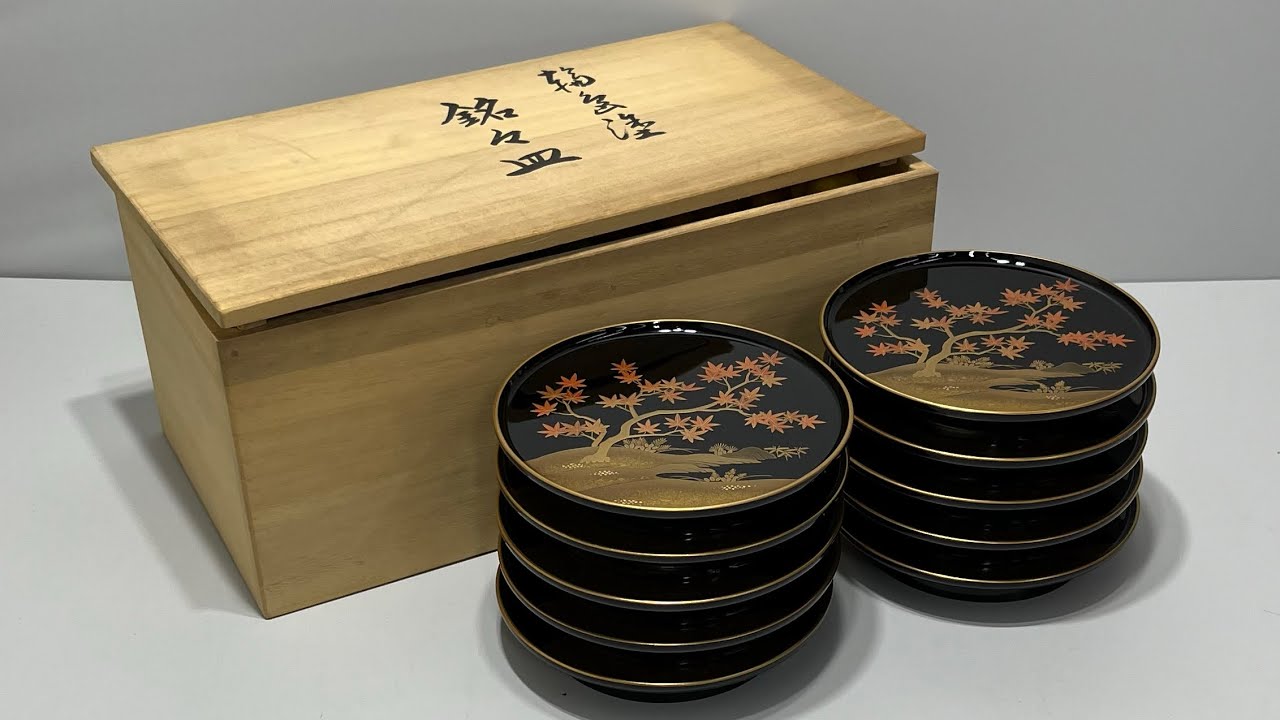 【未使用・美術品】輪島塗 木の葉鉢 リーフ トレイ 菓子器 盛り皿 伝統工芸 □ 輪島塗 銘々皿 10客セット 金彩 紅葉 菓子皿 小皿 漆塗り 漆芸 漆器