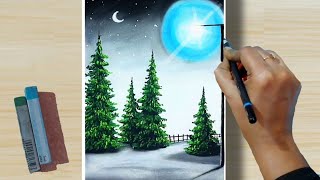 Soft Pastel Drawing - How to Draw 3D Beautiful Scenery with Street Light (step by step) Night Sky. screenshot 2