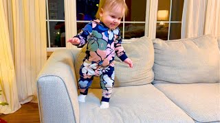 Adorable Baby Girl Trying to Scoot Off the Couch! (So Proud!!)