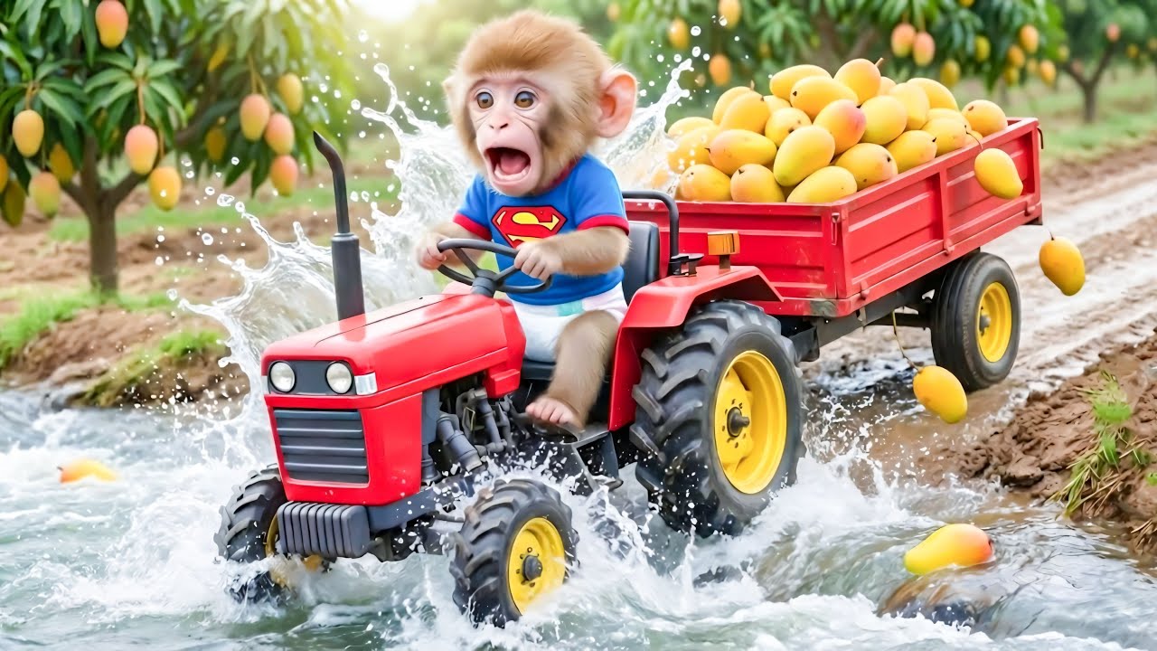 Monkey Farmer Drives a Tractor to Harvest Mangoes and Faces Big Trouble Ahead – Monkey Farm Work