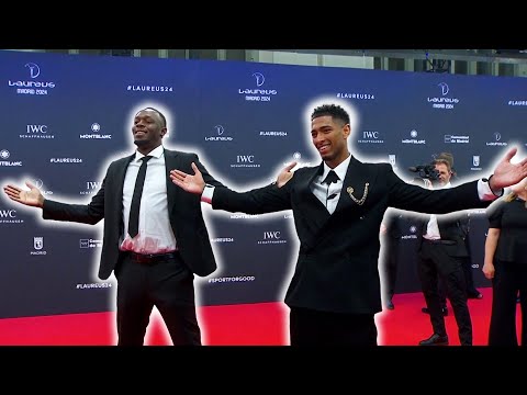 Jude Bellingham does his celebration with Usain Bolt! 🏴󠁧󠁢󠁥󠁮󠁧󠁿🇯🇲⚡️ Laureus World Sports Awards 2024