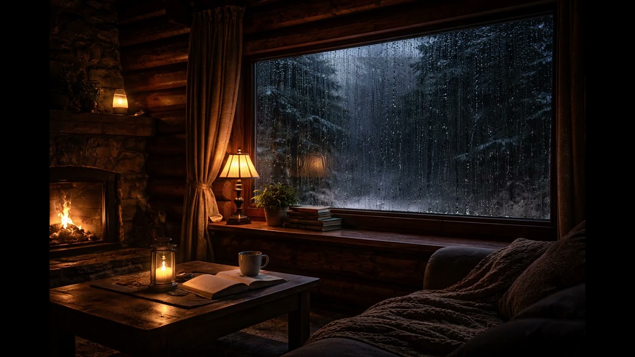 Winter Cabin Rain 🌧️ Cozy Night Ambience for Deep Sleep & Relaxation
