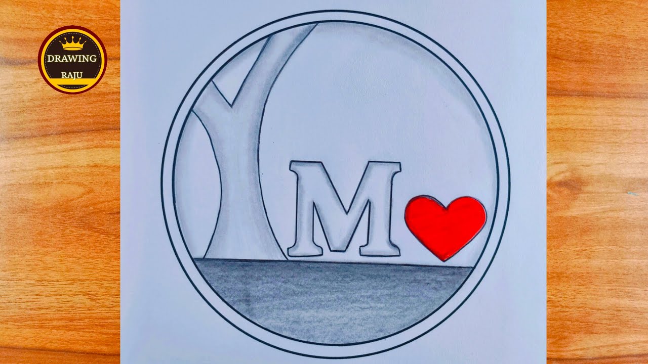 How to draw M letter simple design|| easy M letter circle drawing with pencil drawing of scenery 