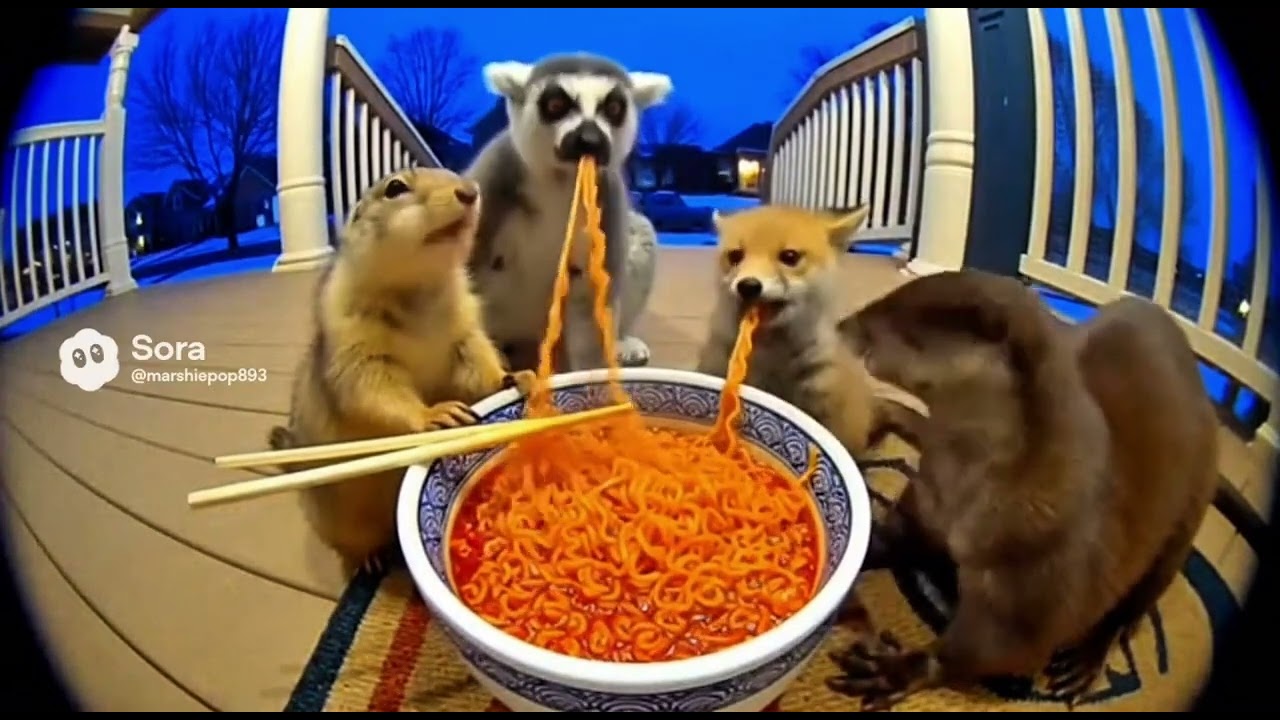 Animals react to SPICY noodles… caught on Ring camera