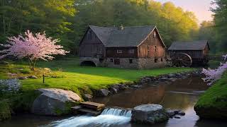 Watermill Ambience in Spring Eve, Calm Stream Flowing, Birds Chirping