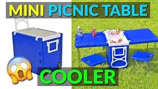 This might be my new favorite cooler! It features two side tables that flip up to make a mini picnic table. Better yet, inside the table 