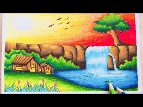 วาดรูปธรรมชาติ น้ำตก สีไม้ || How to Draw Waterfall with color Pencil / Drawing Landscape