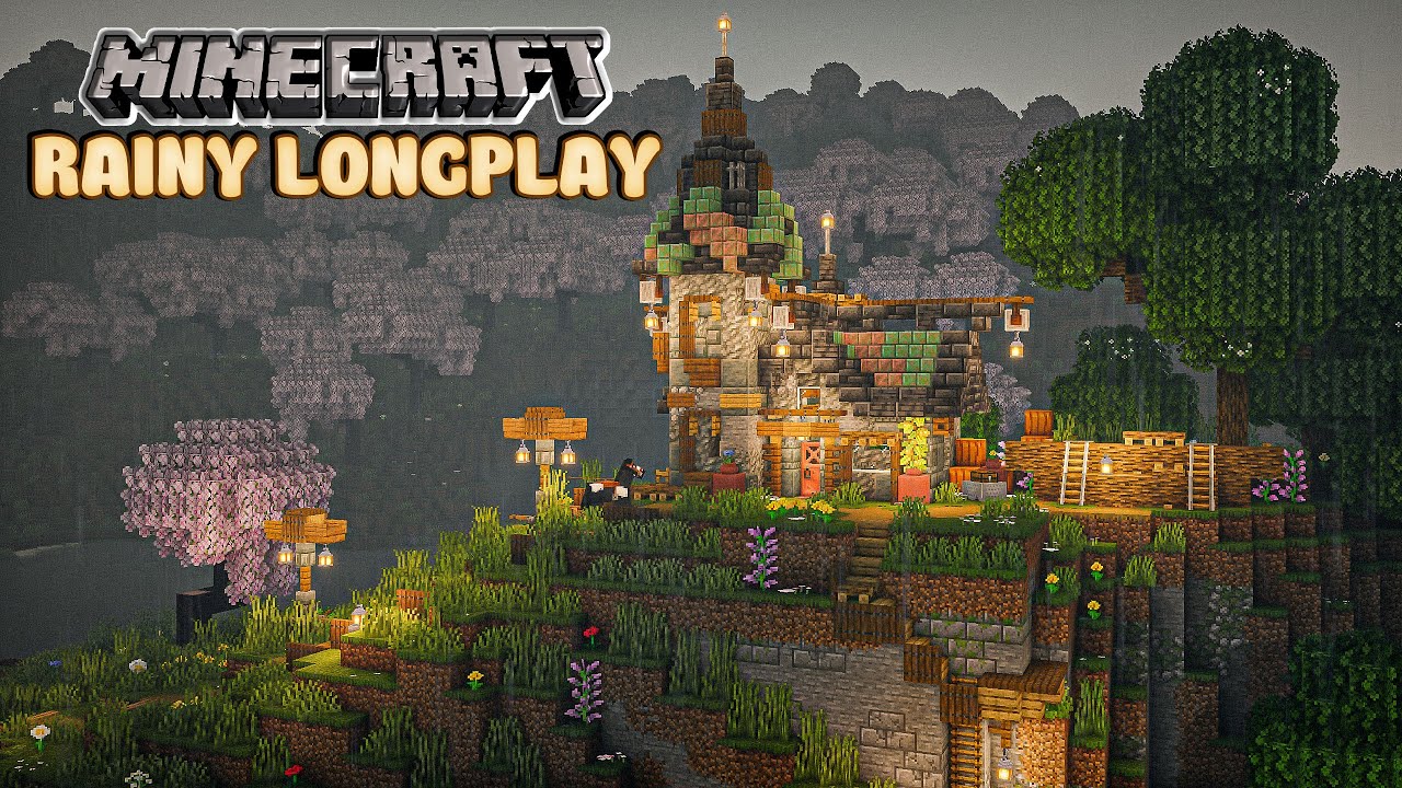 Minecraft Rainy Relaxing Longplay - Peaceful Adventure, Cozy Starter Cottage House (No Commentary)